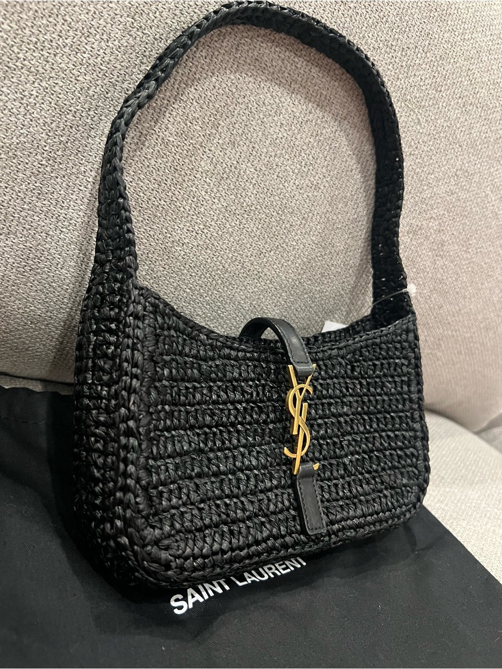 NEW SAINT LAURENT Women's Le 5 À 7 Leather - Black Trimmed Raffia Mini Hobo Bag - Picture 2 of 14